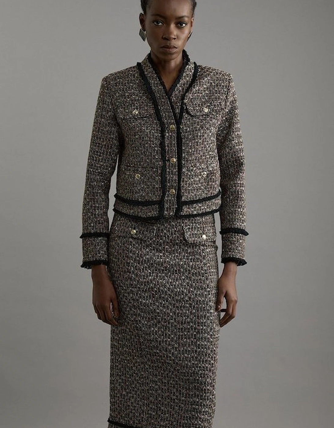 Wool Mix Boucle Tailored Cropped Collarless Jacket