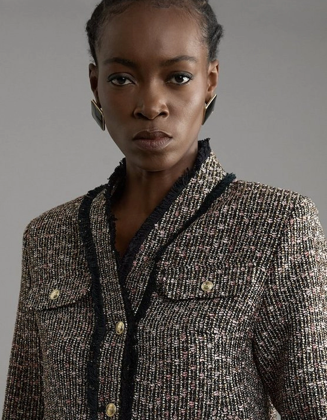 Wool Mix Boucle Tailored Cropped Collarless Jacket