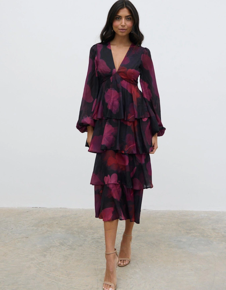 Ashton Ruffle Midaxi Dress - Dark Berry Floral - Multi