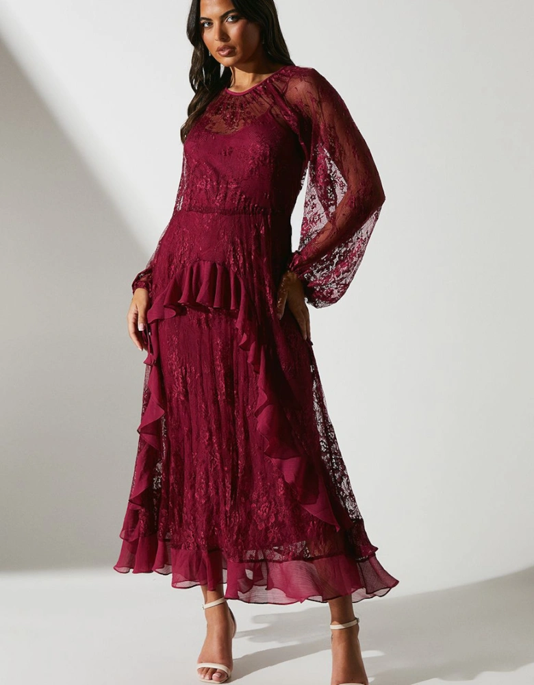 Lace Long Sleeve Midi Wedding Guest Dress