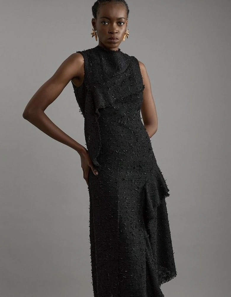 Metallic Boucle Tailored Sleeveless Asymmetric Midaxi Dress