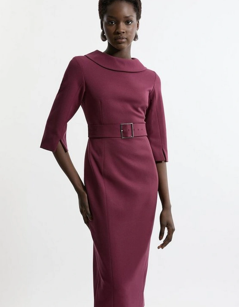 Tailored Structured Crepe Roll Neck Belted Midi Dress