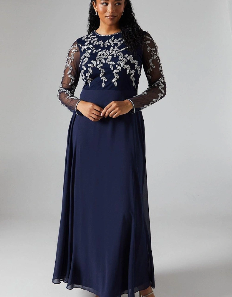 Encrusted Floral Applique Long Sleeve Embellished Bridesmaid Maxi Dress