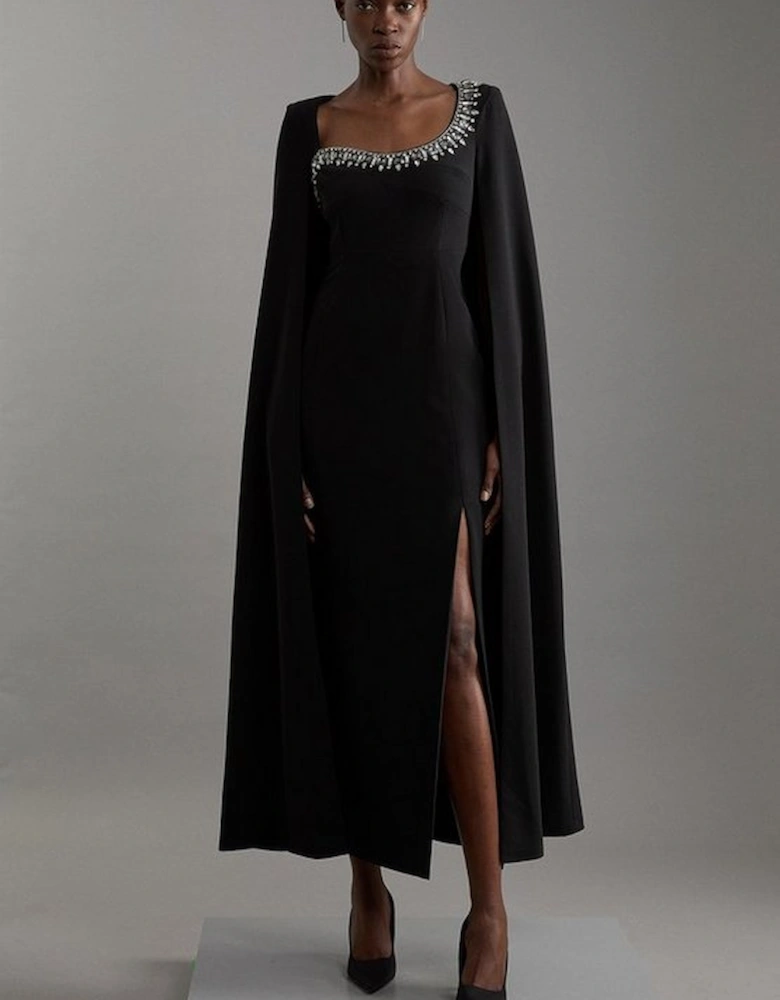 Crystal Embellished Viscose Crepe Woven Cape Maxi Dress