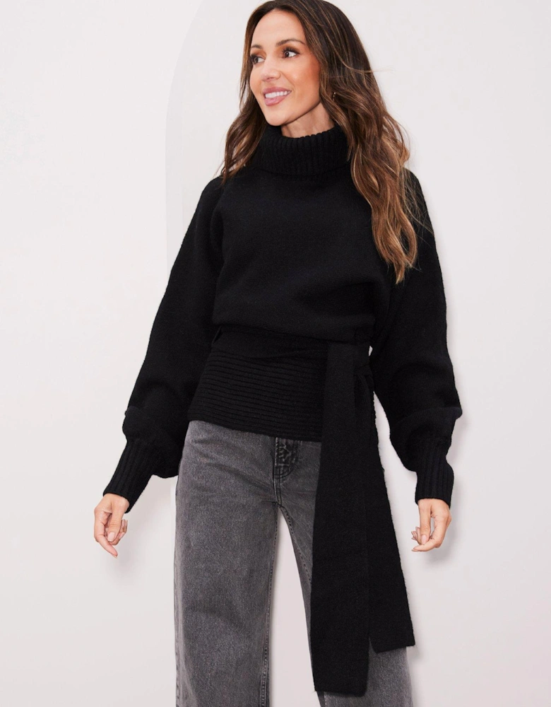 Knitted Wrap Belted Waist Jumper - Black 