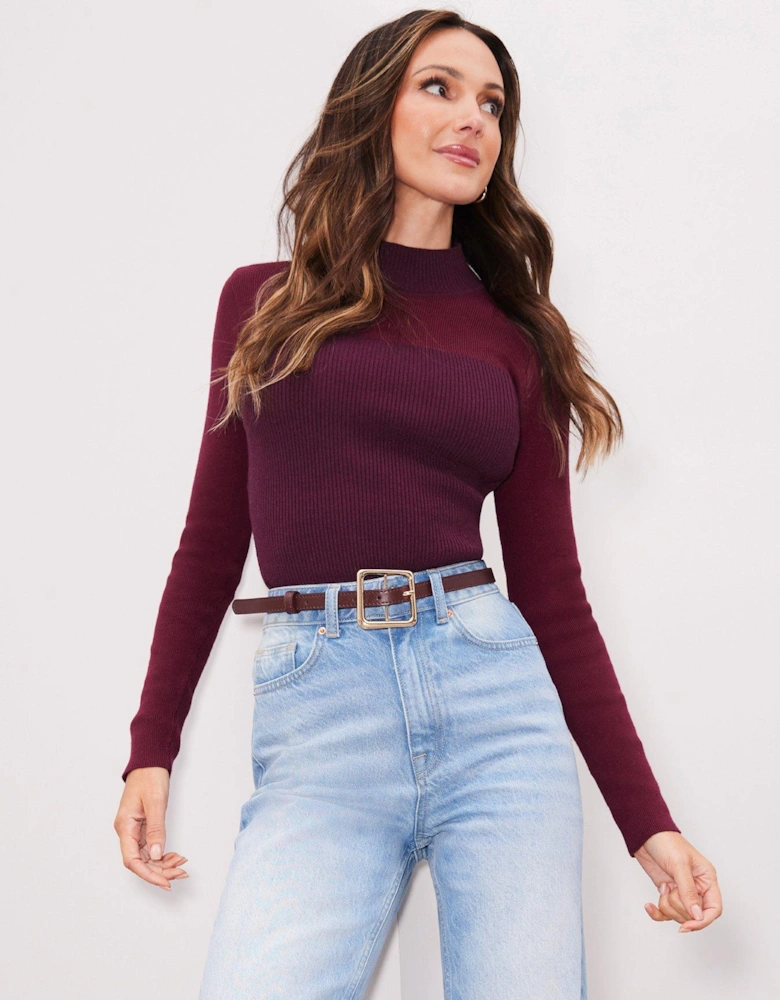 Colour Block High Neck Knitted Top - Burgundy 