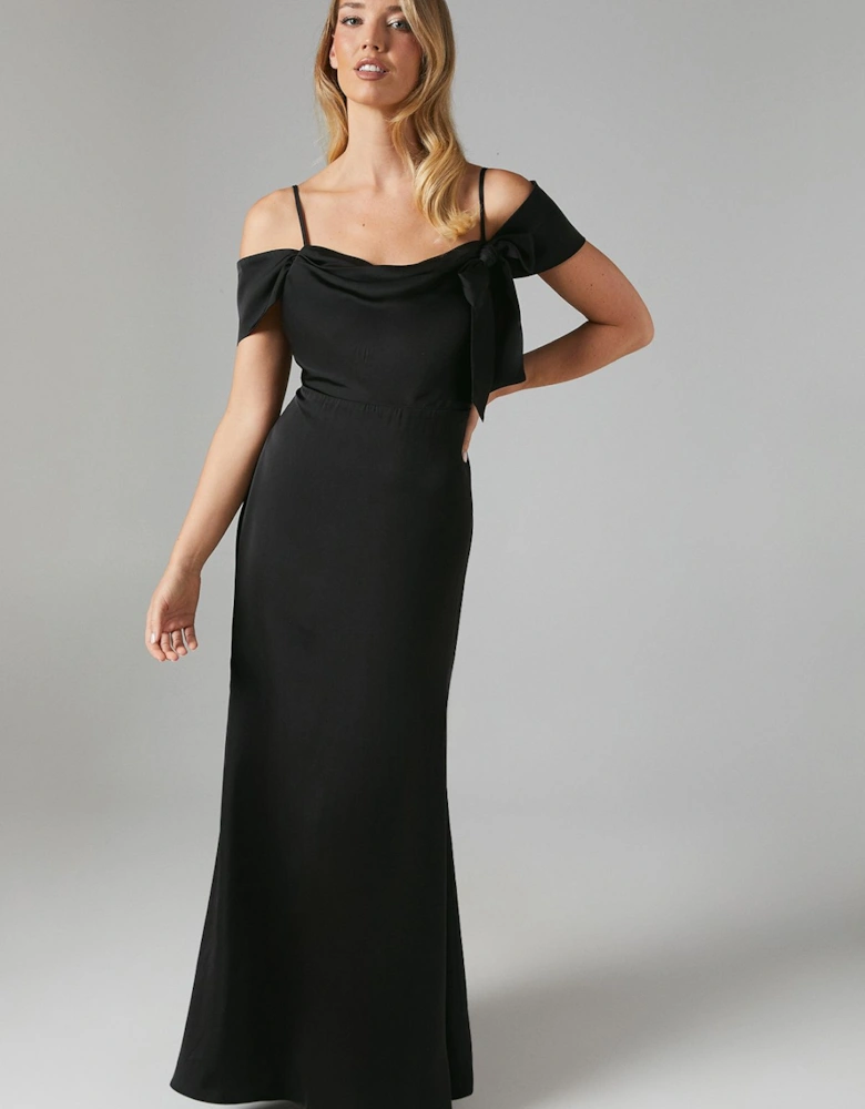 Draped Bardot Tie Detail Satin Bridesmaid Maxi Dress