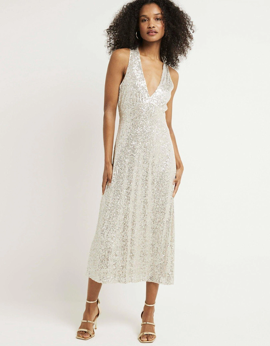 Halterneck Sequin Maxi Dress - Silver