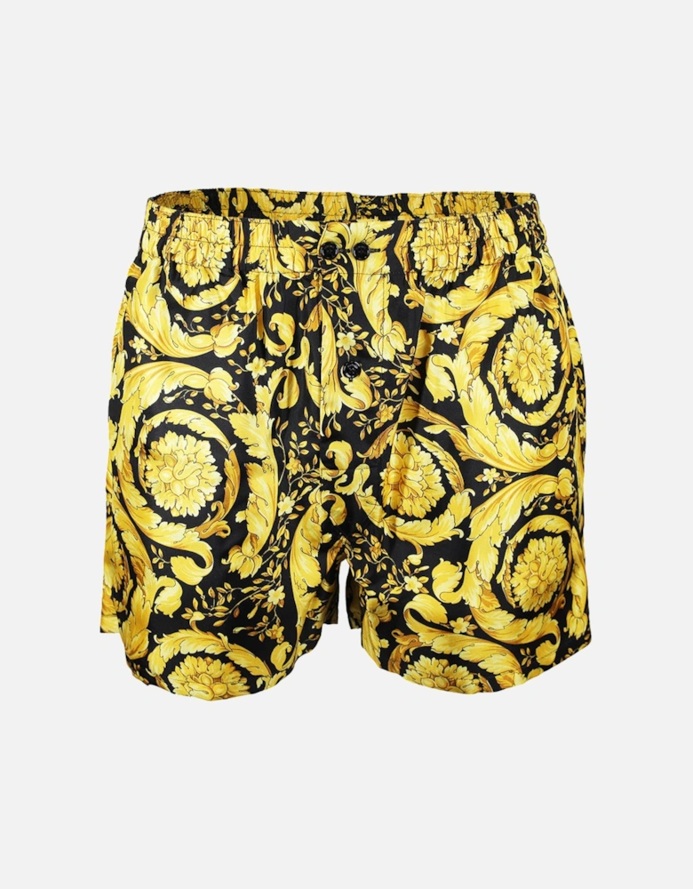 Silk Barocco Print Pyjama Shorts, Black/Gold