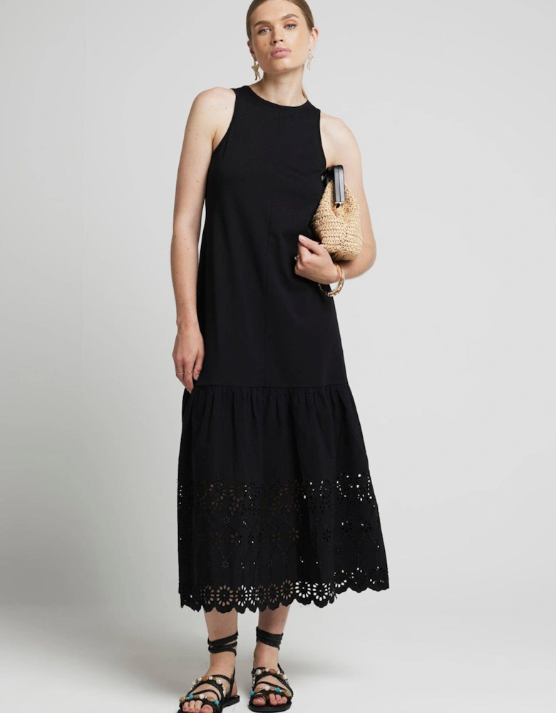 Broderie Hem Midi Dress - Black