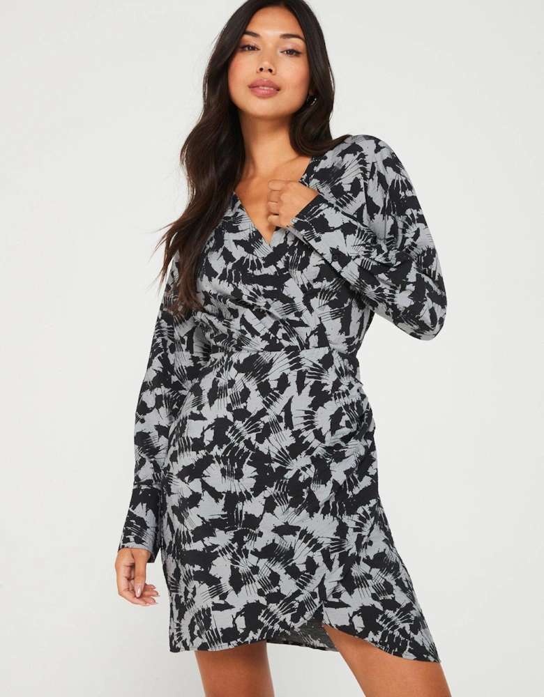 Printed Mini Wrap Dress - Grey