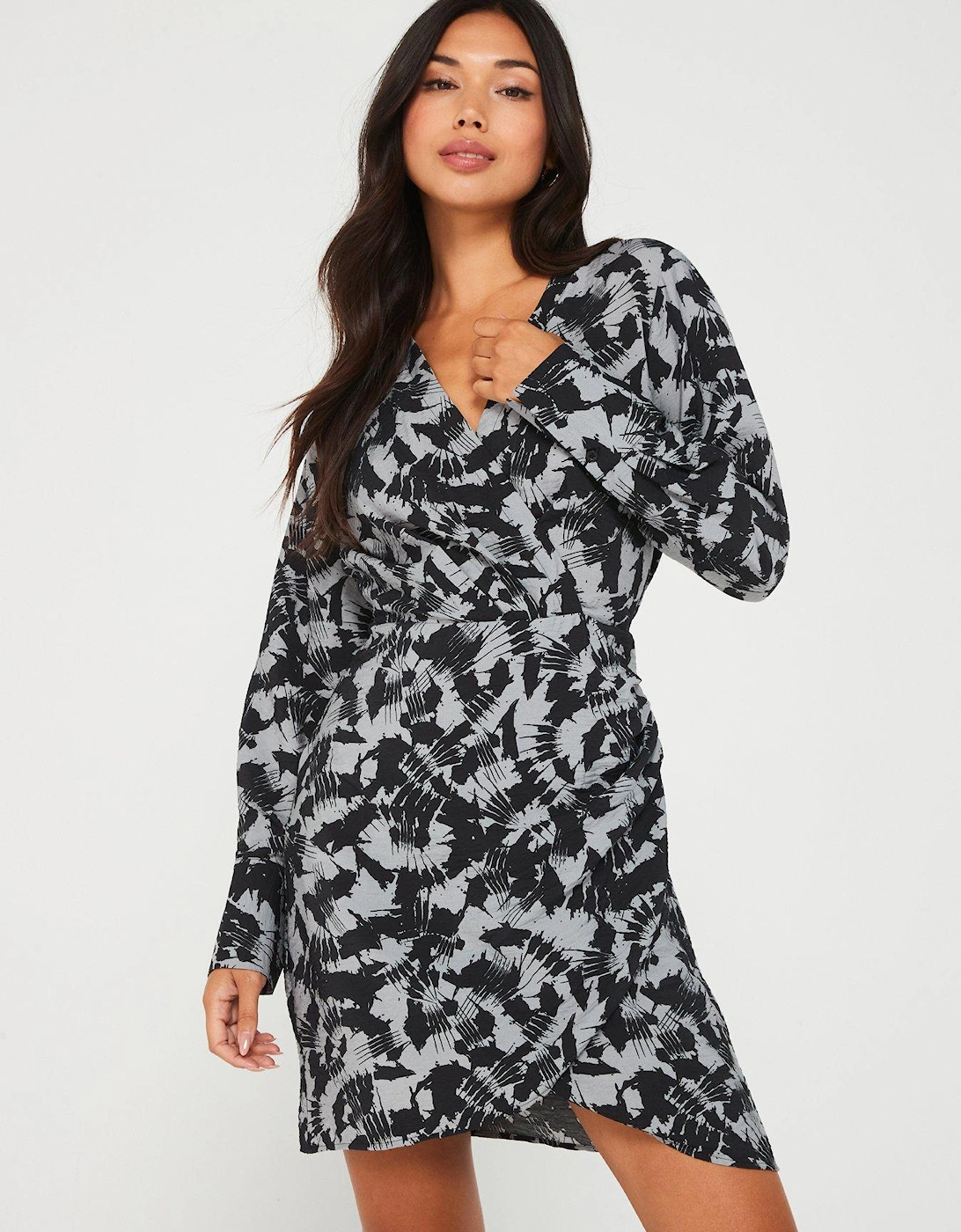 Printed Mini Wrap Dress - Grey, 6 of 5