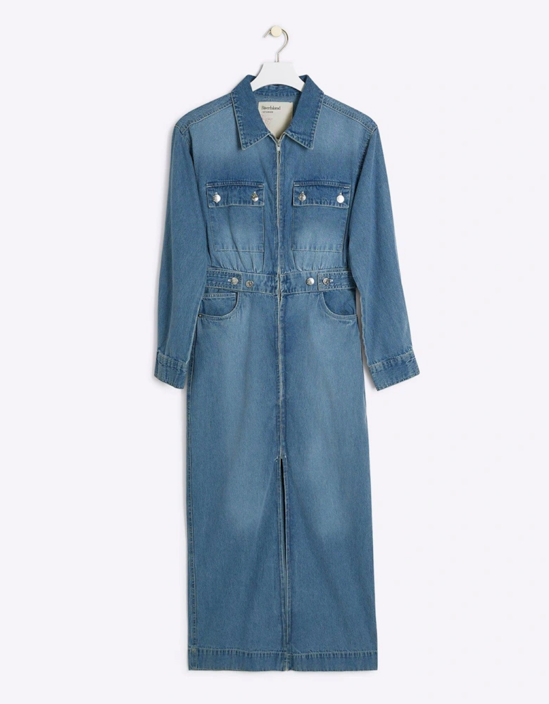 Denim Utility Midi Dress - Blue