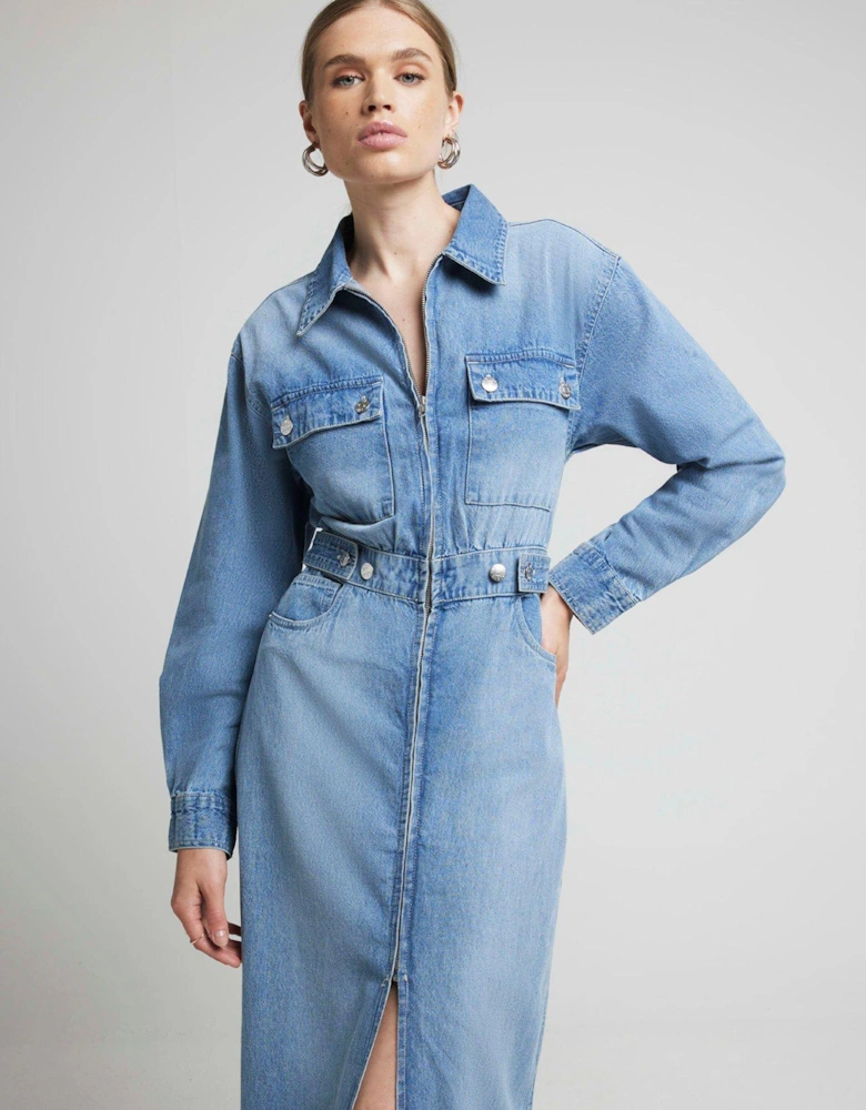 Denim Utility Midi Dress - Blue