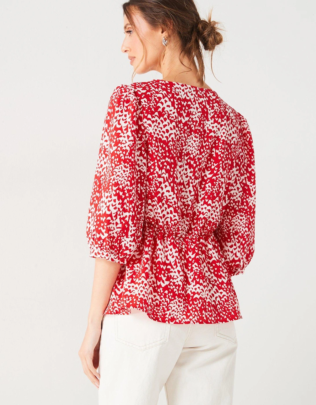 Twist Front Abstract Printed Blouse - Red