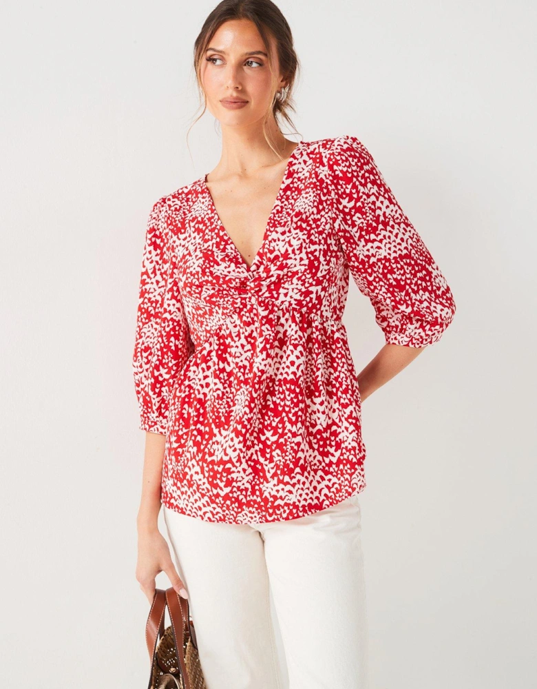 Twist Front Abstract Printed Blouse - Red