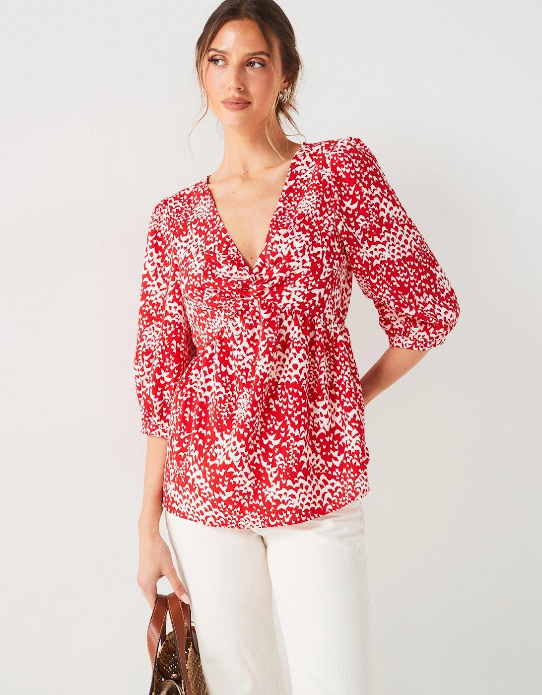 Twist Front Abstract Printed Blouse - Red