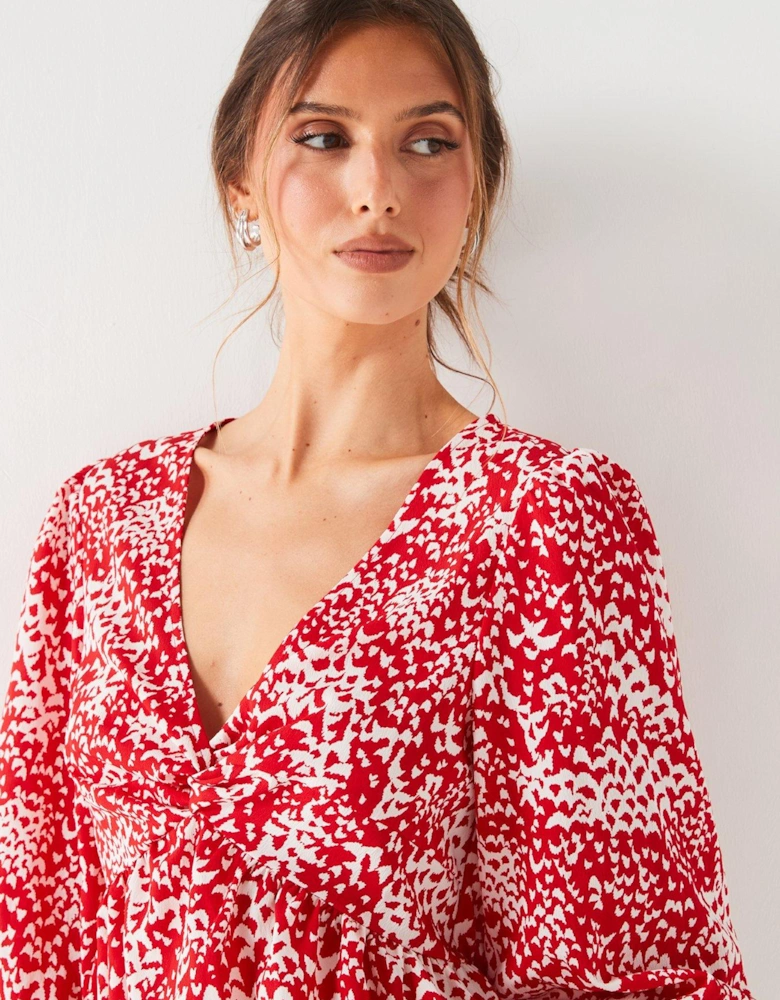 Twist Front Abstract Printed Blouse - Red