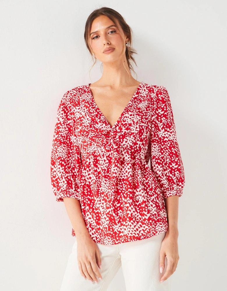 Twist Front Abstract Printed Blouse - Red