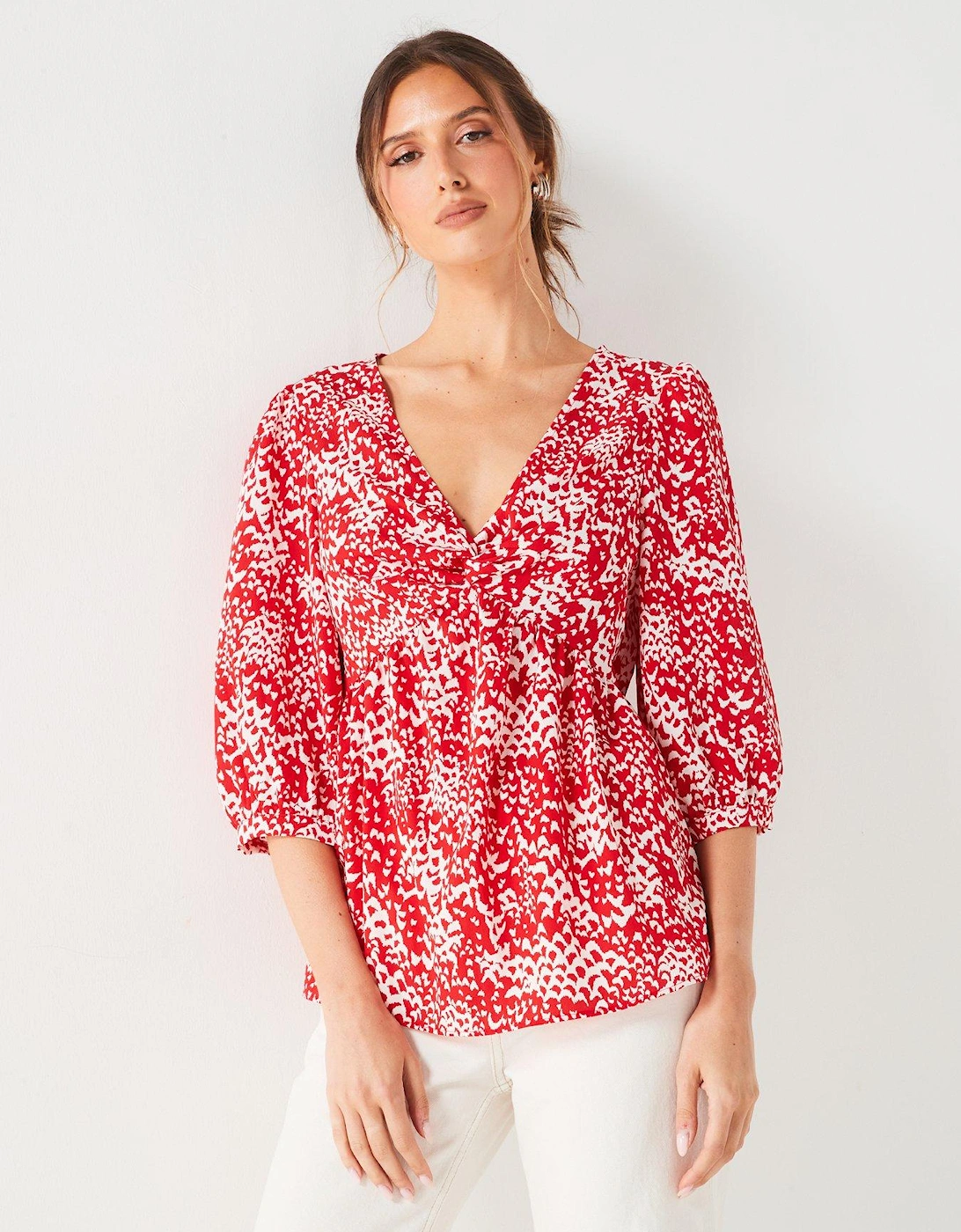 Twist Front Abstract Printed Blouse - Red