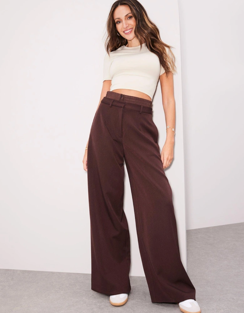 Waistband Detail Wide Leg Trousers - Brown