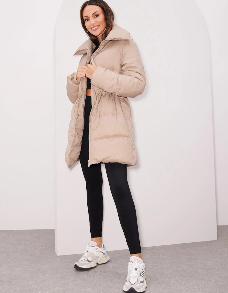 Drawstring Waist Down & Feather Rich Longline Padded Coat - Beige