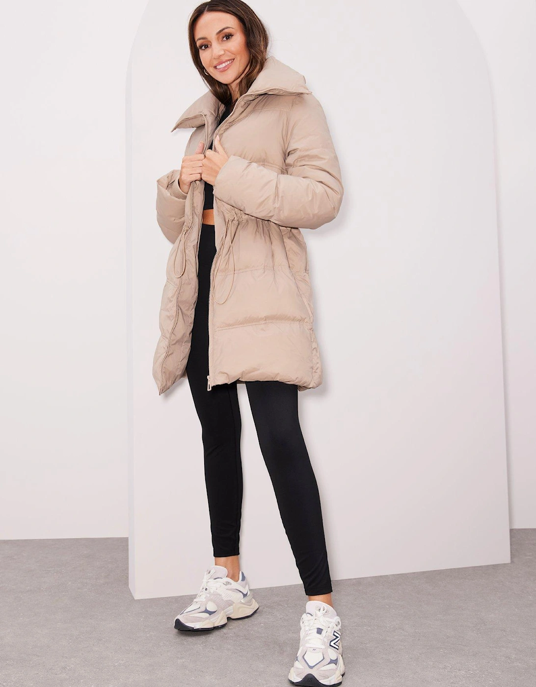 Drawstring Waist Down & Feather Rich Longline Padded Coat - Beige, 5 of 4