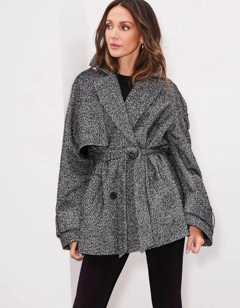 Textured Wrap Short Trench Coat - Grey