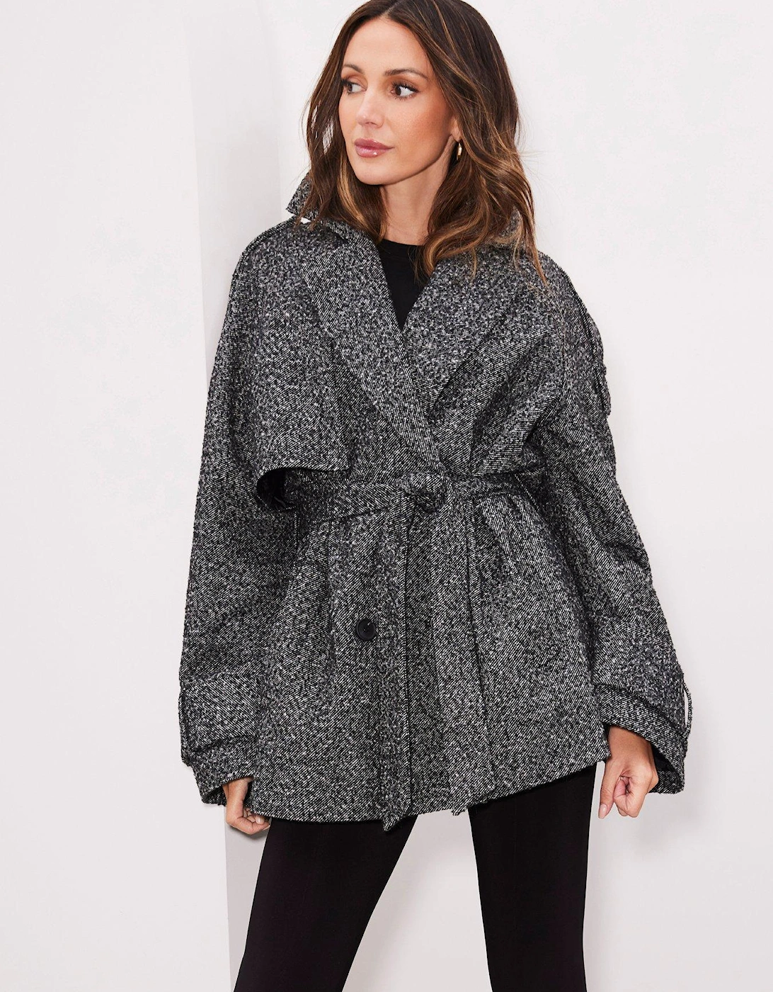 Textured Wrap Short Trench Coat - Grey, 5 of 4