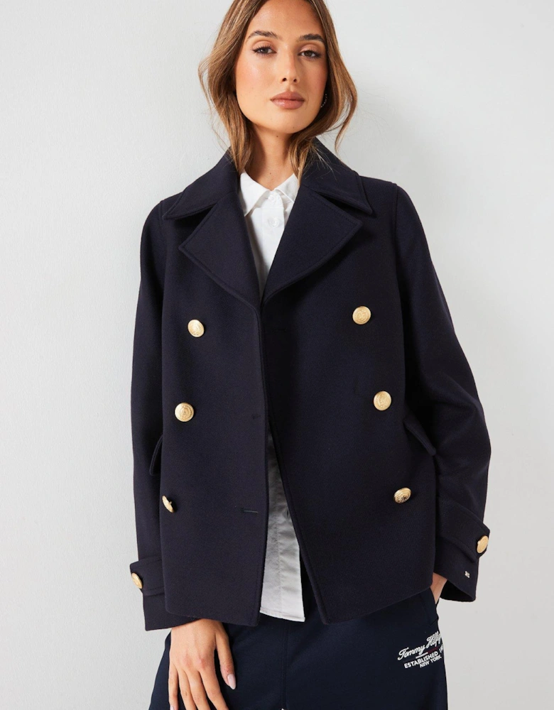 Cropped Wool Peacoat - Navy