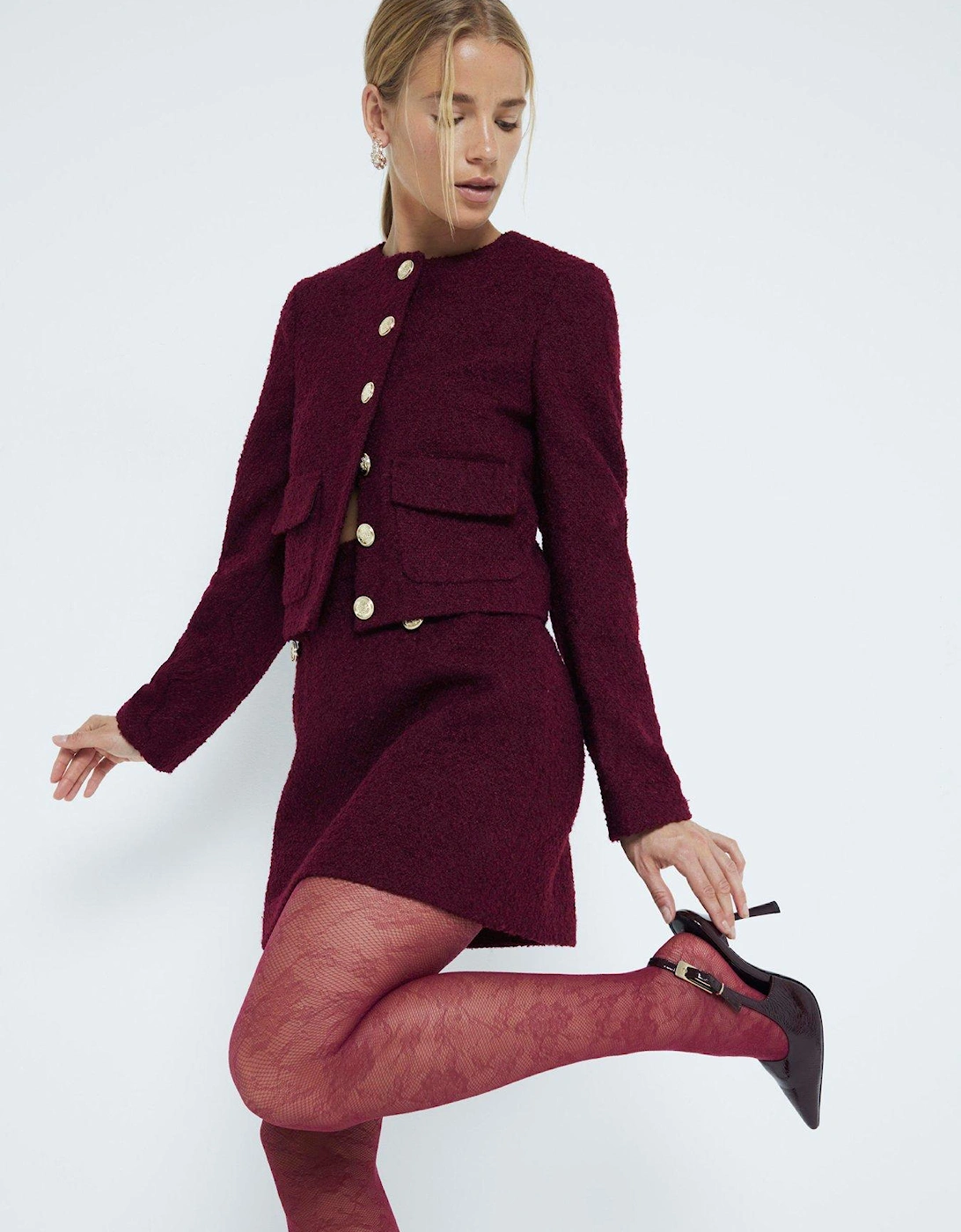 Cropped Collarless Jacket - Dark Red, 5 of 4