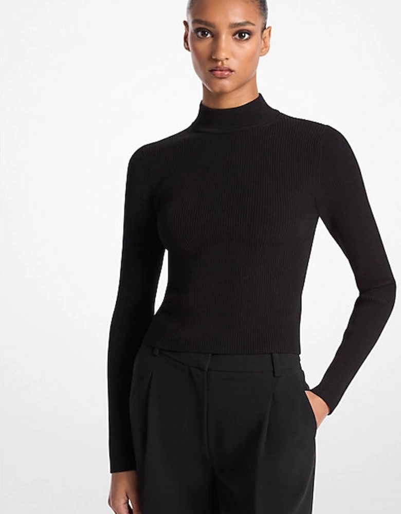 Ribbed Knit Mock-Neck Sweater