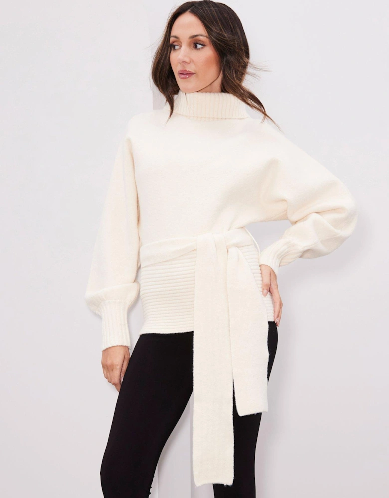 Premium Wool Blend Knitted Belted Jumper - Cream