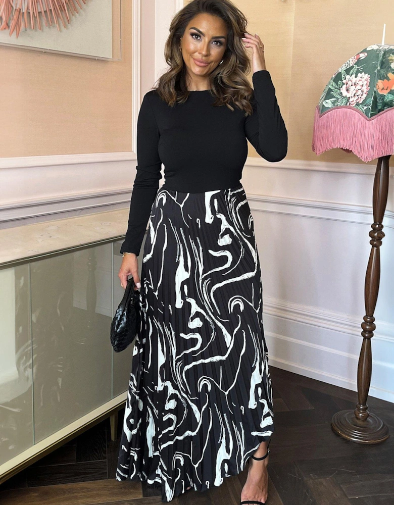 Abstract Stripes 2 in 1 Long Sleeve Pleated Skirt Midi Dress - Black 