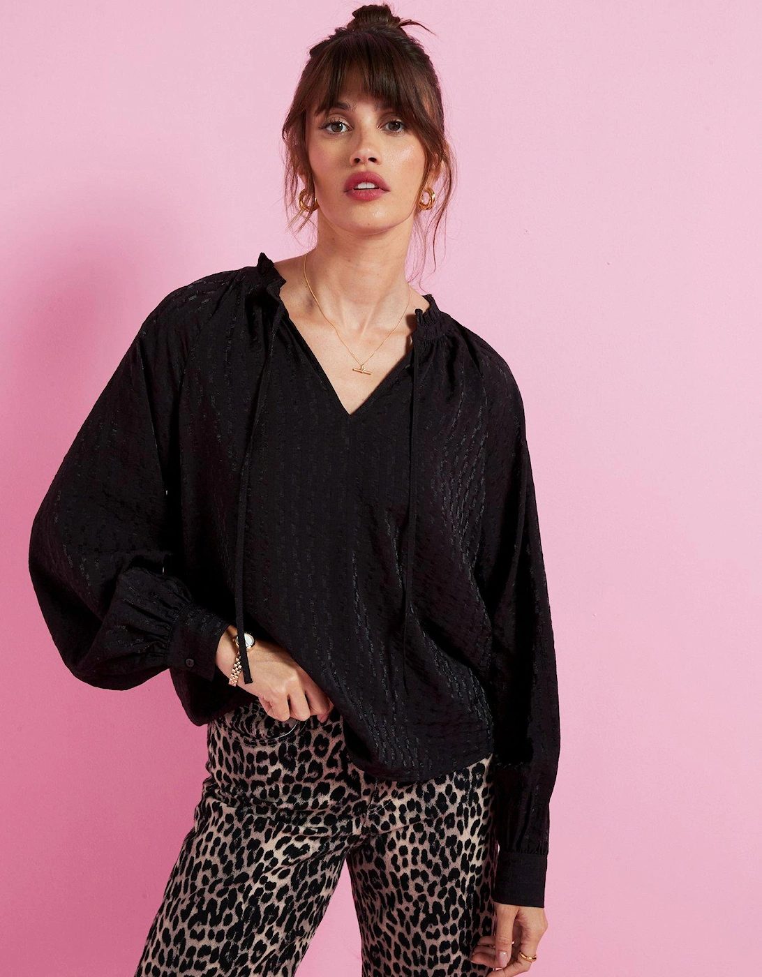 Tie Detail Long Sleeve Blouse - Black, 7 of 6