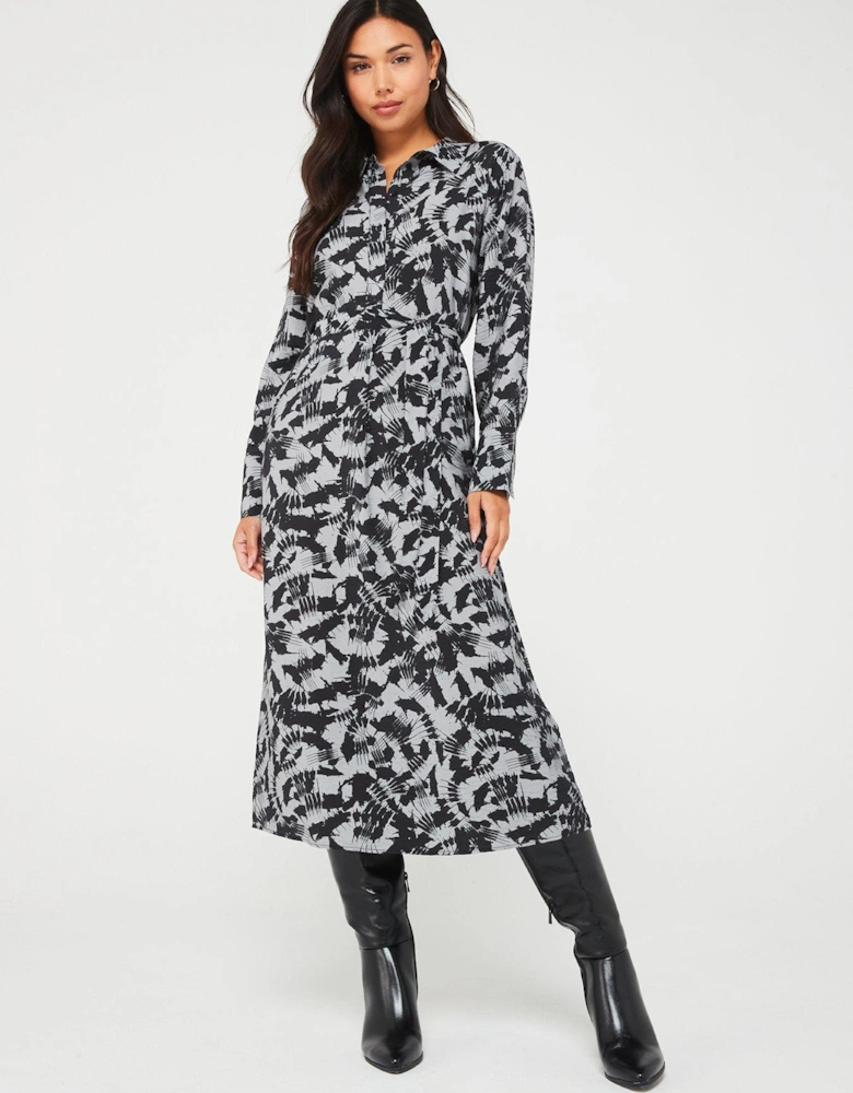 Printed Midi Shirt Dress - Grey