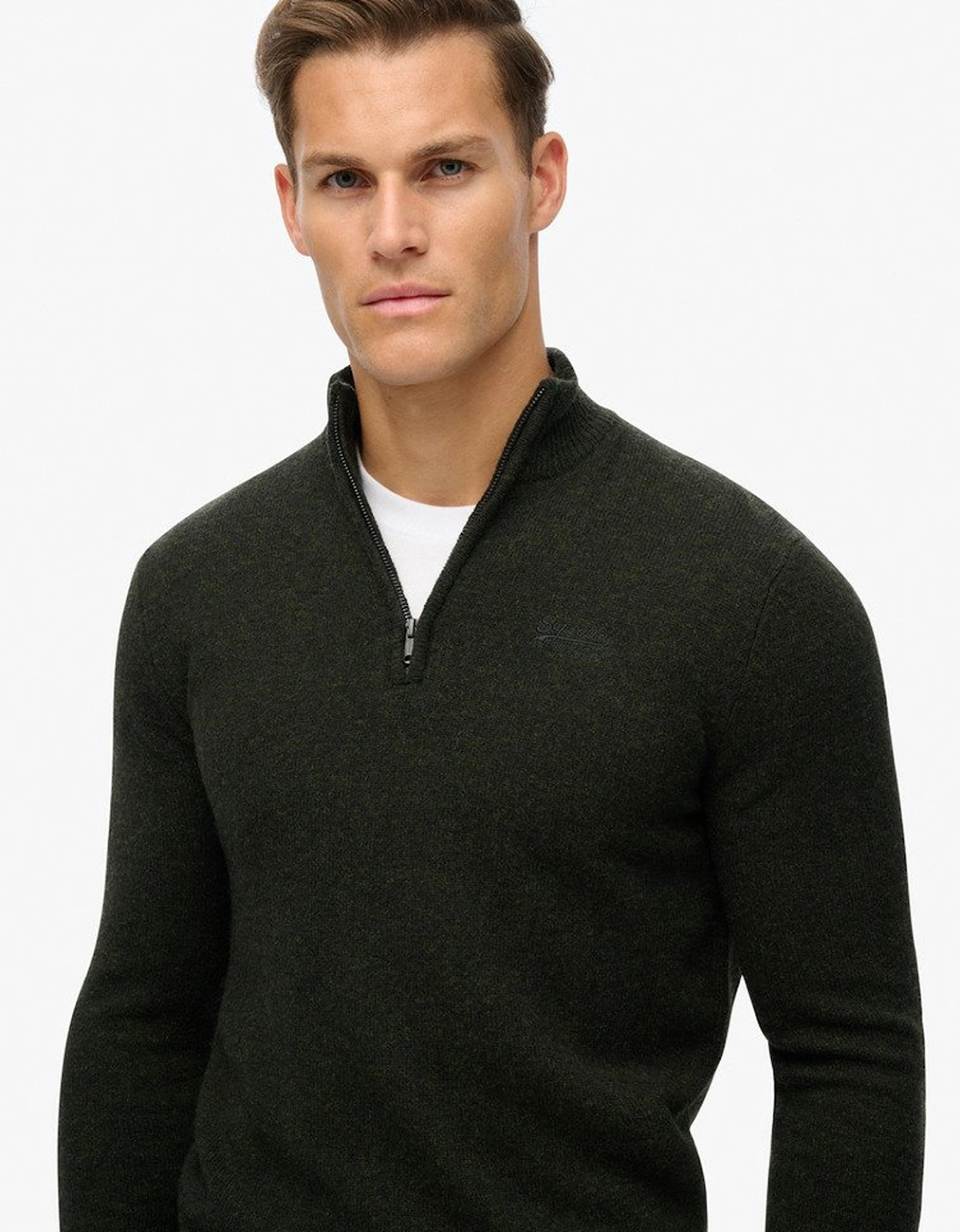 Men's Essential Embroidered Knit Half Zip Dark Moss Marl