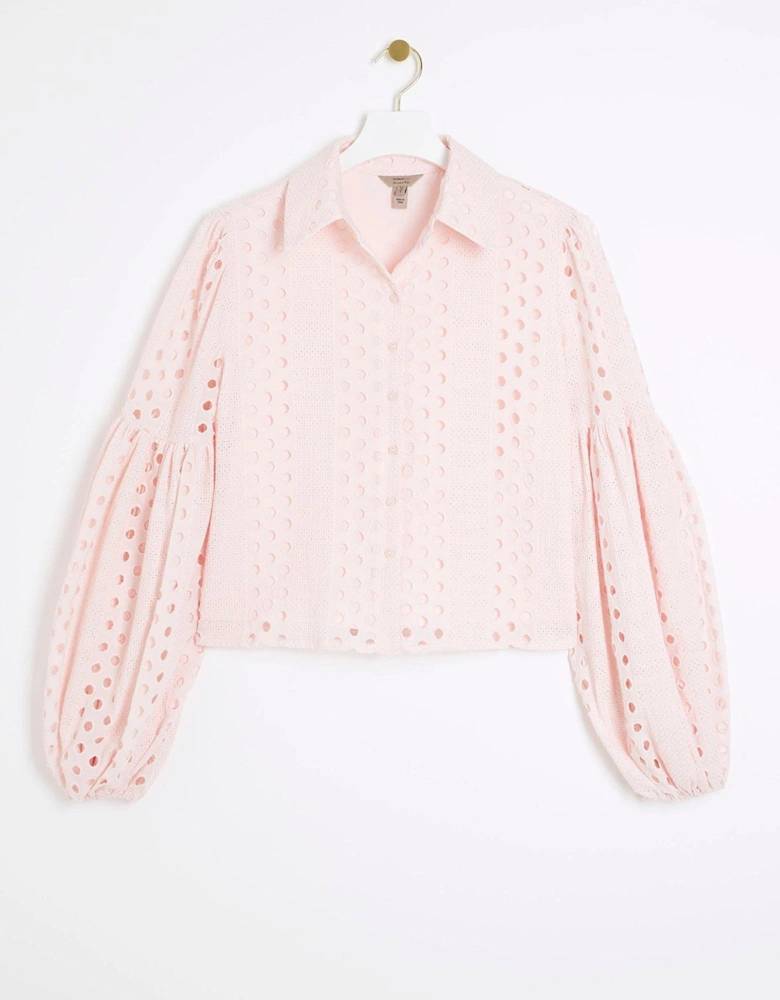 Broderie Puff Sleeve Shirt - Light Pink