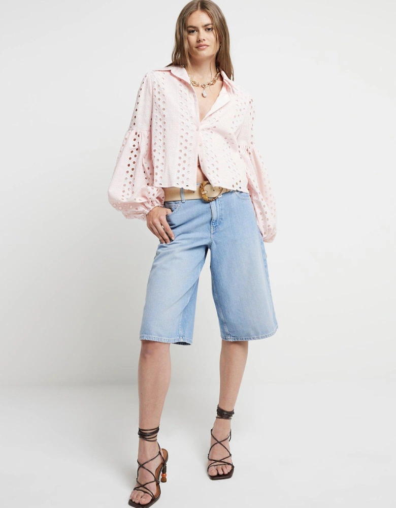 Broderie Puff Sleeve Shirt - Light Pink