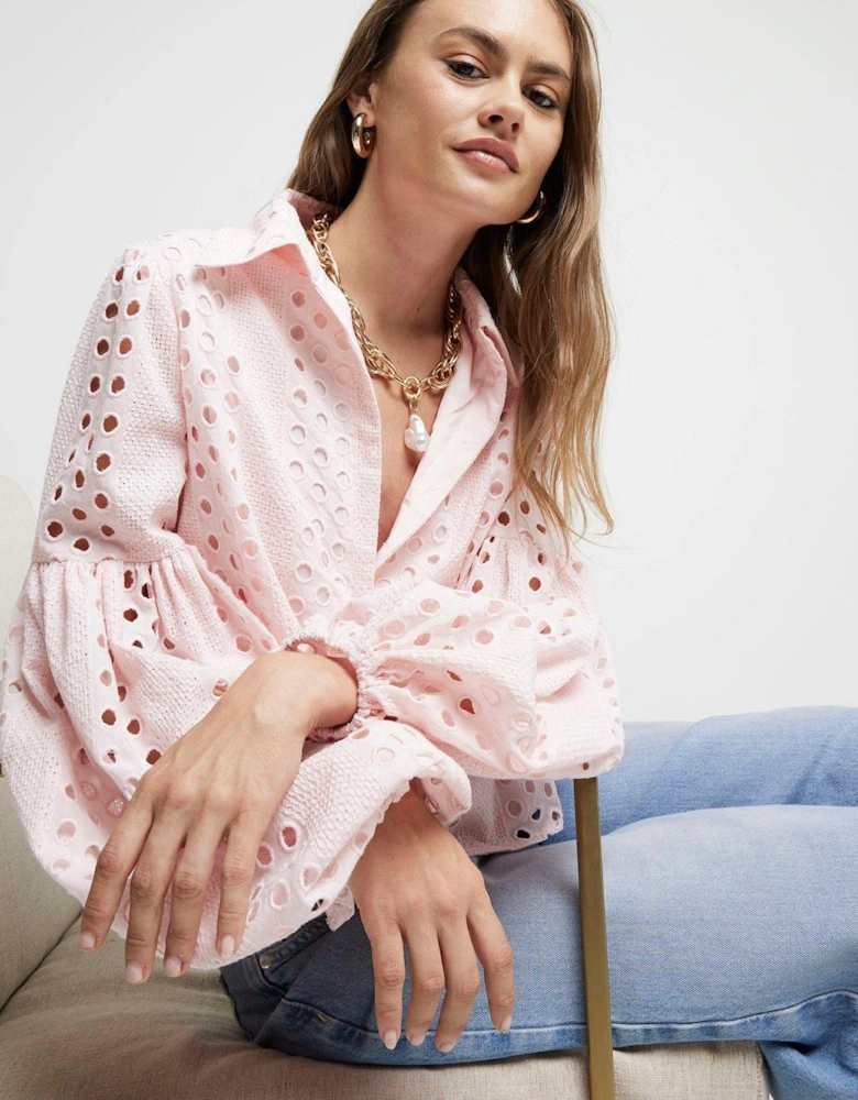 Broderie Puff Sleeve Shirt - Light Pink