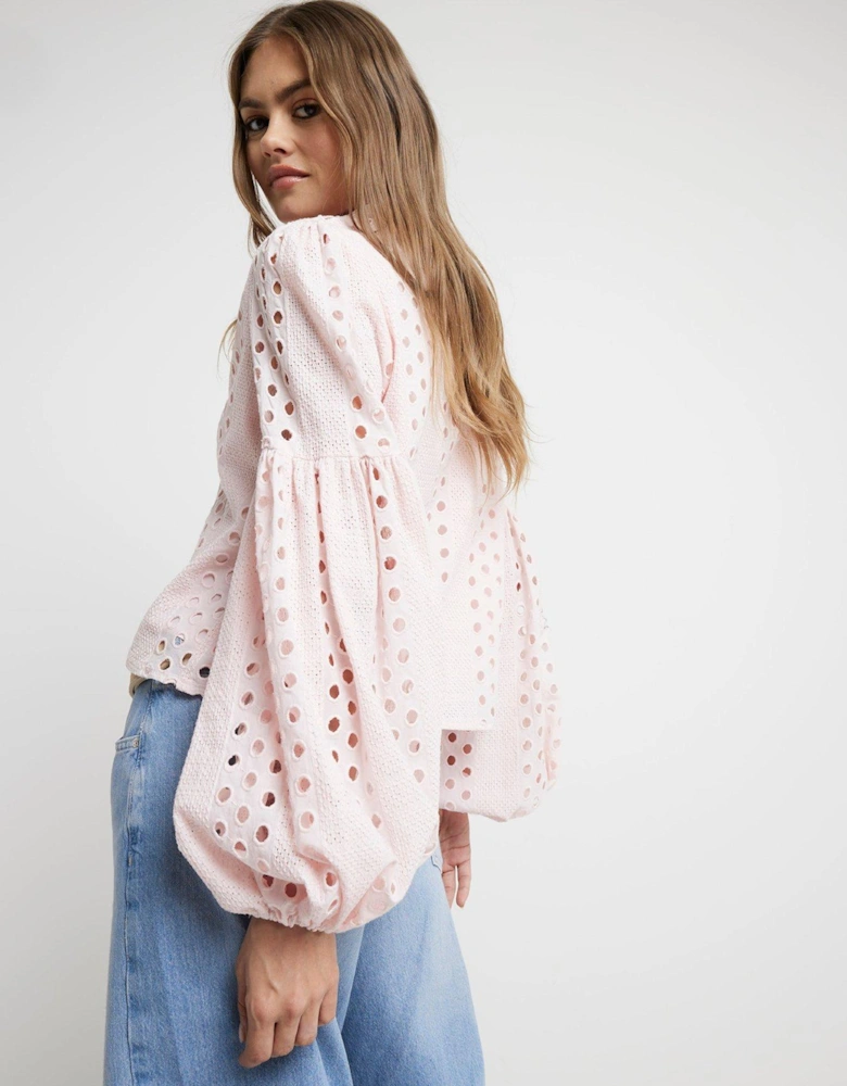 Broderie Puff Sleeve Shirt - Light Pink