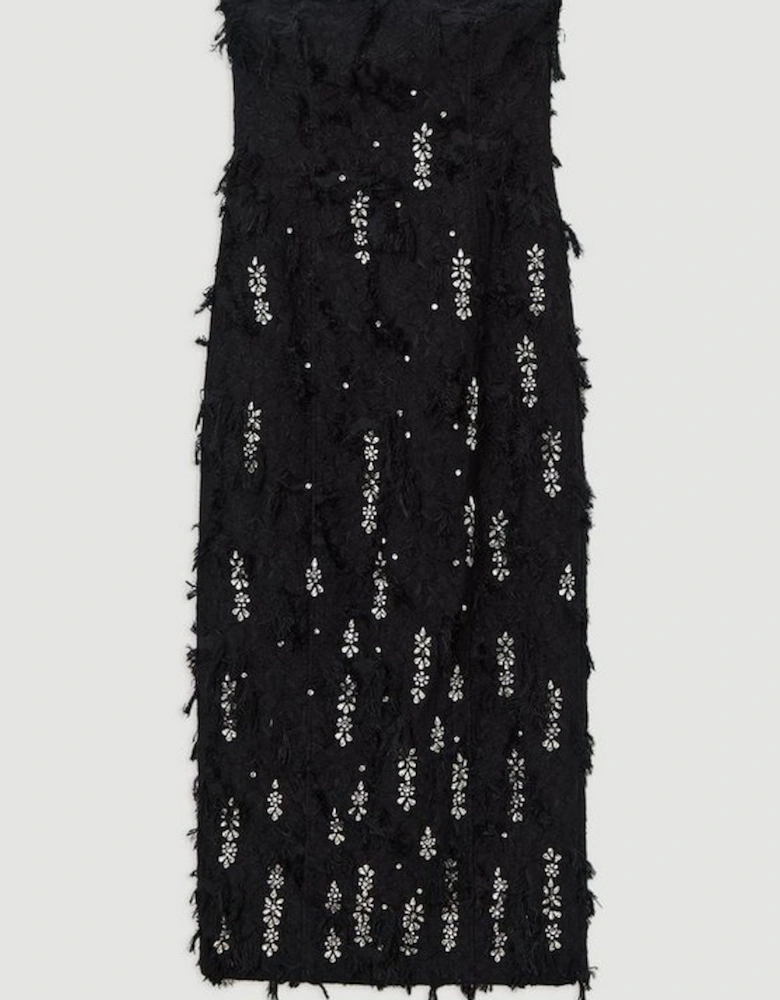 Crystal Embellished Textured Jacquard Bandeau Tailored Midaxi Dress