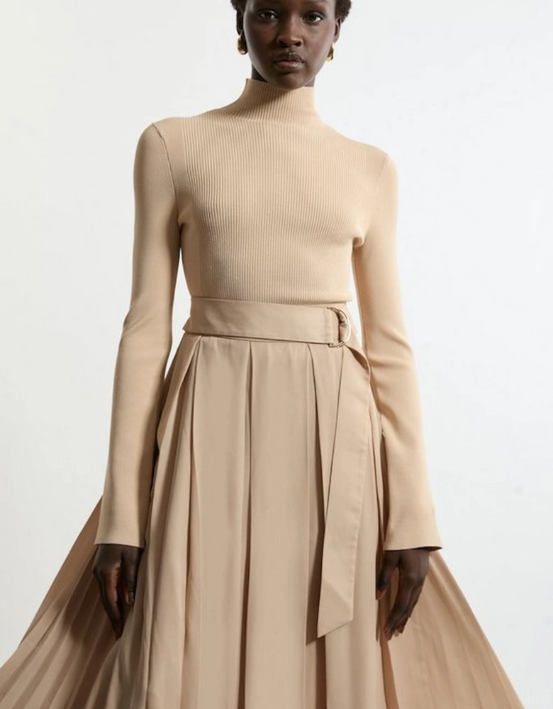 Petite Georgette Belted Pleat Woven Midi Skirt