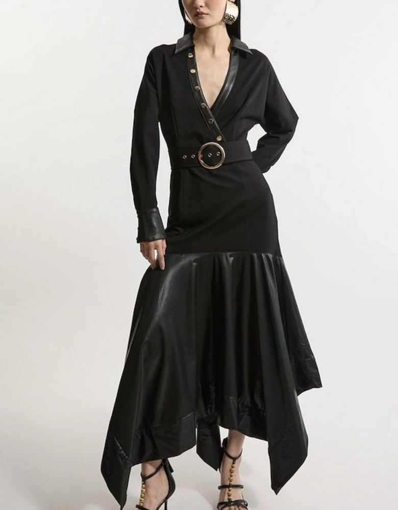 Belted Pu And Ponte Jersey Frill Hem Midi Dress