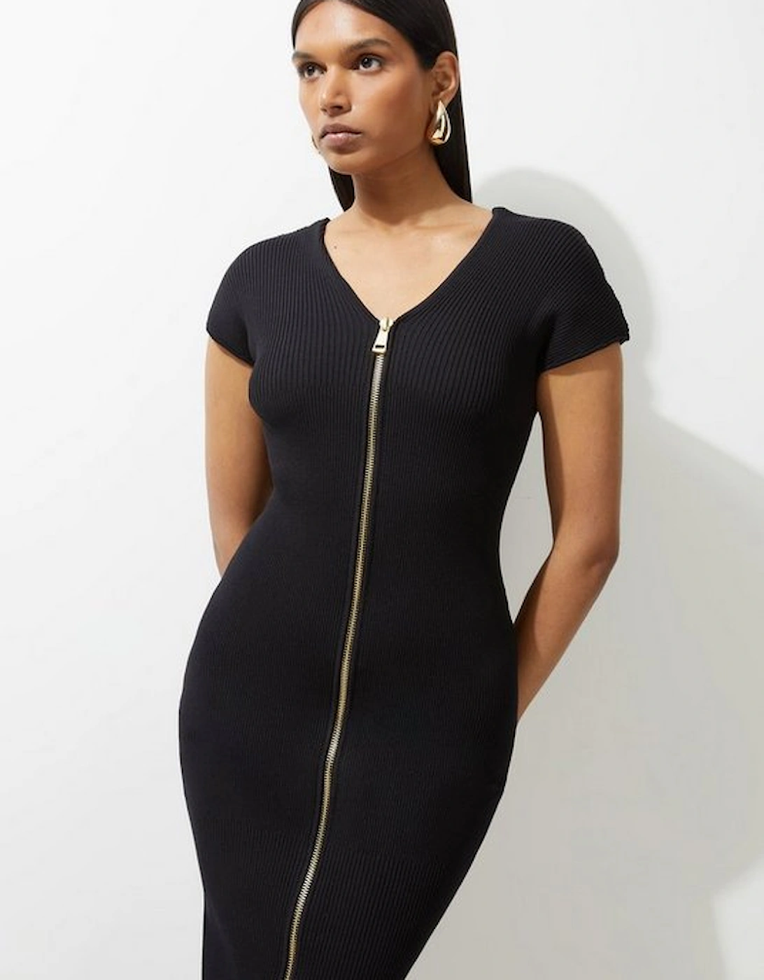 Rib Knit Zip Through Midi Dress