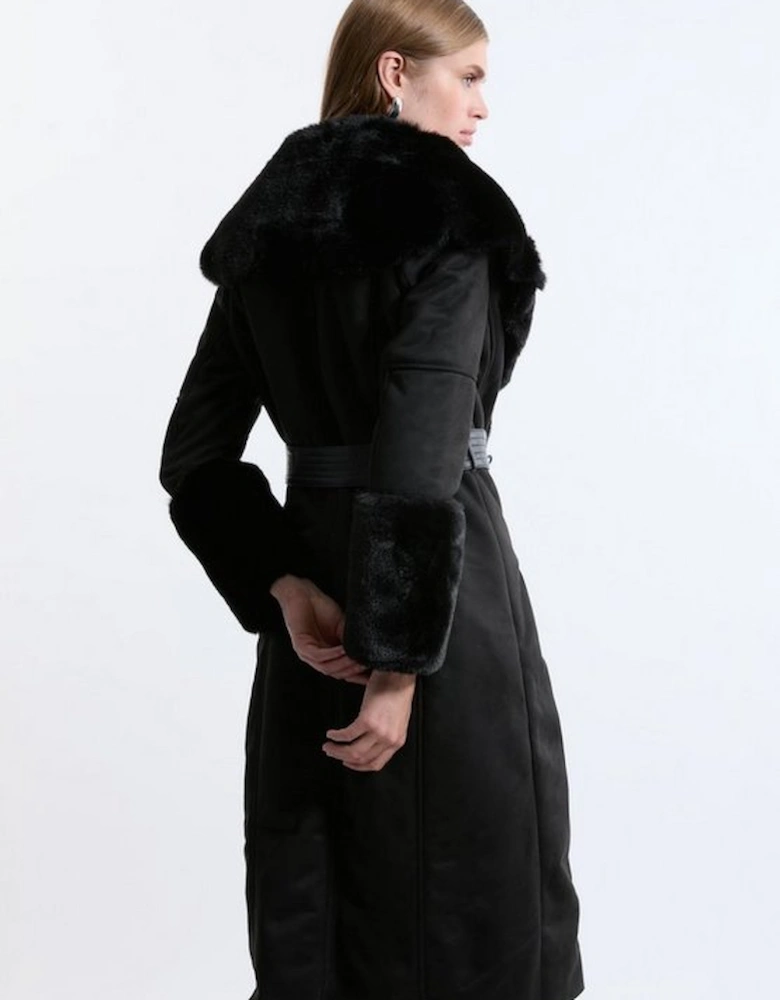 Faux Shearling Collar & Cuff Belted Midi Coat