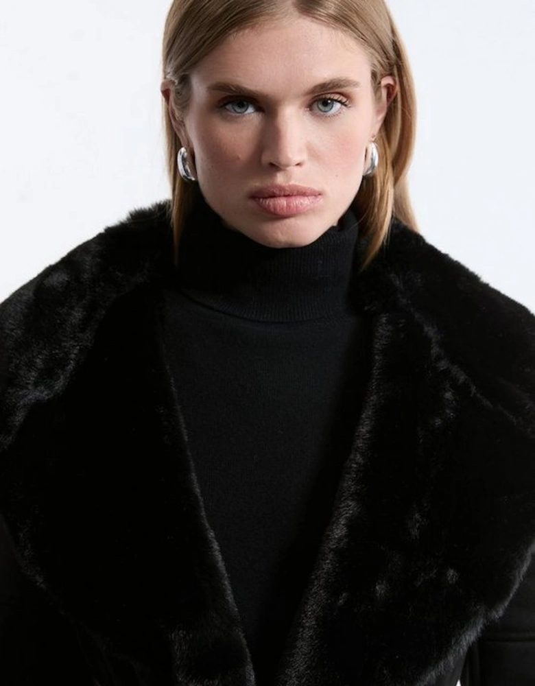 Faux Shearling Collar & Cuff Belted Midi Coat