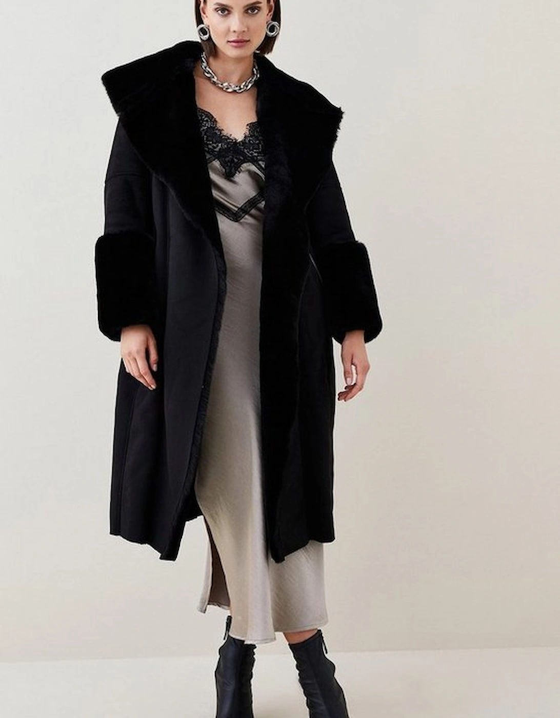 Petite  Faux Shearling Collar & Cuff Belted Long Coat