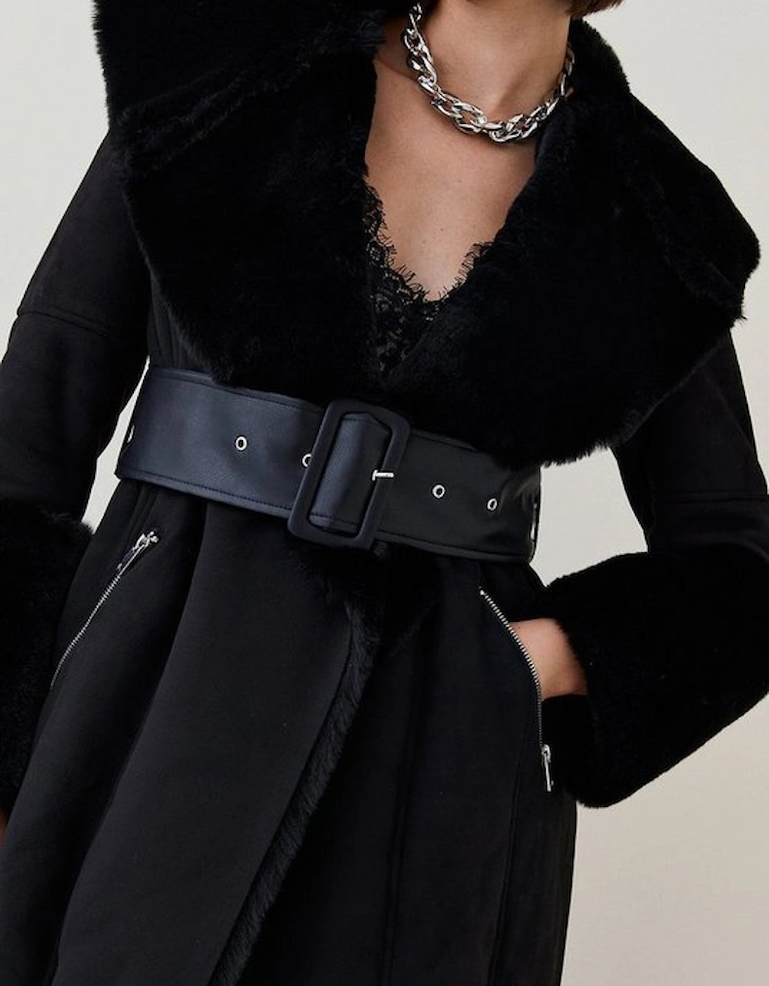 Petite  Faux Shearling Collar & Cuff Belted Long Coat