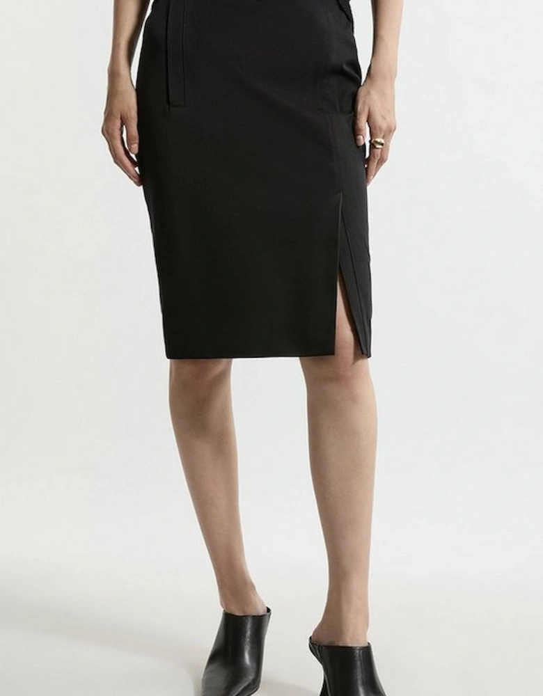 Compact Stretch Contrast Grosgrain Tailored Midi Skirt